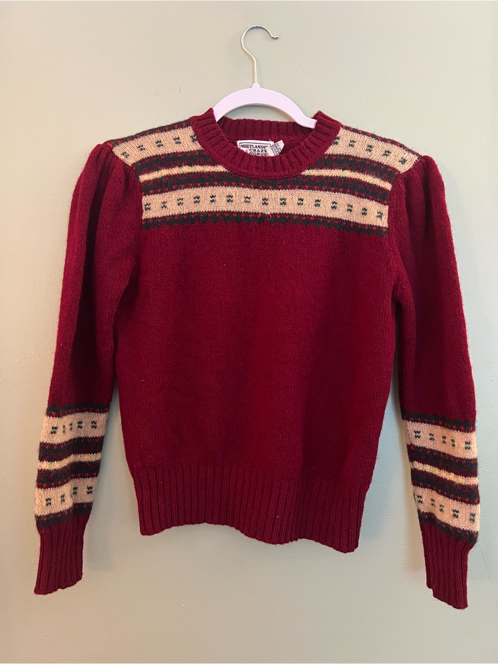 Vintage 1970s 1980s Shetland Wool Burgundy Fair Isle Sweater with Puff Sleeves